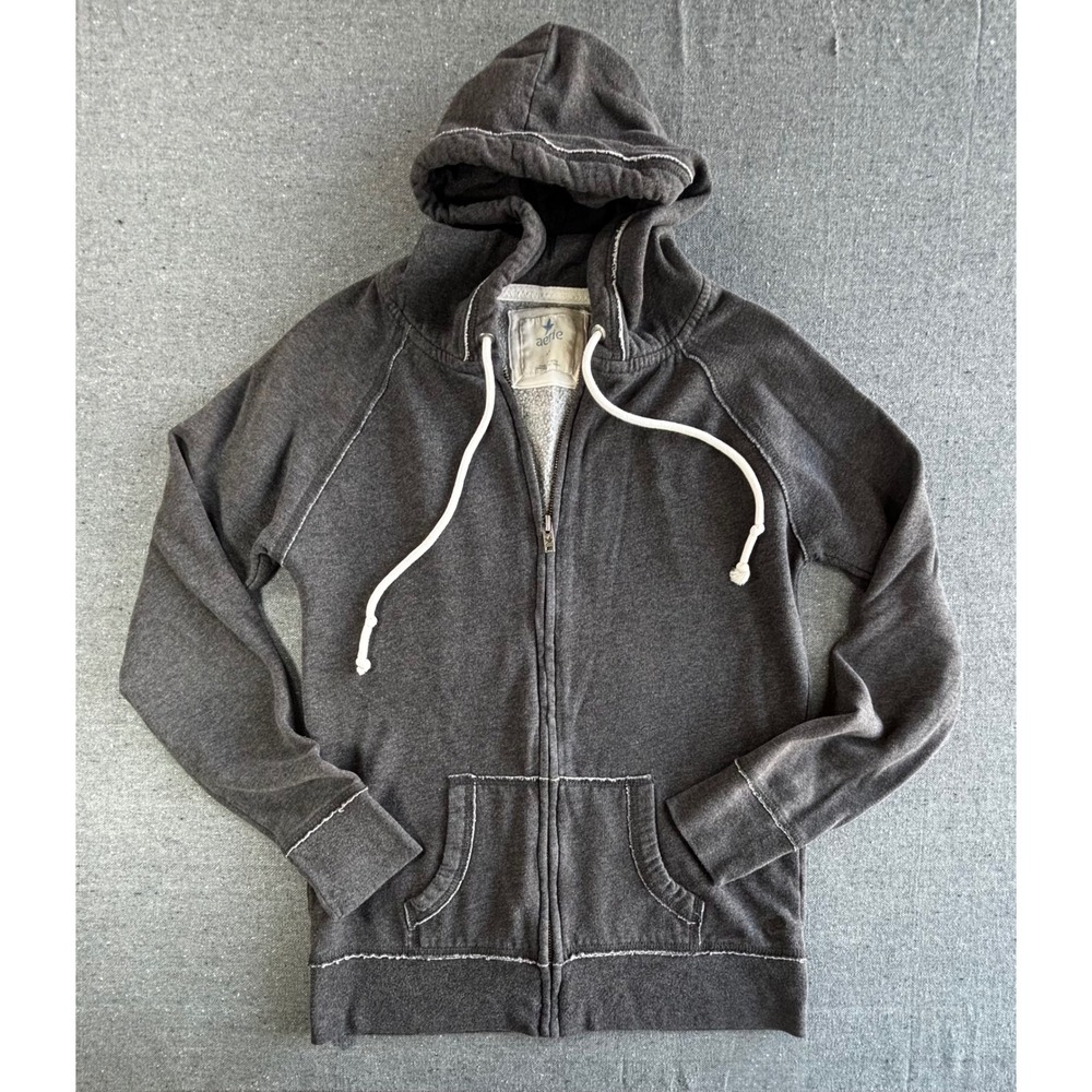 Aerie Womens Full Zip Hoodie Charcoal Gray Contrast Stitch Raglan Sweatshirt M